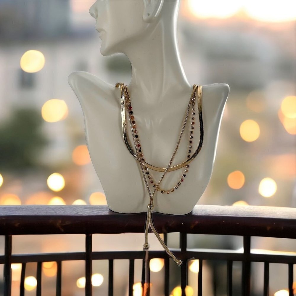 NEW/NWT Loft Gold Layered Chain and Multicolor Crystals Necklace